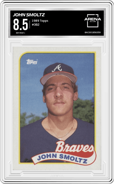 John Smoltz from the 1989 Topps set graded by Arena Club and given an overall grade of 8.5.