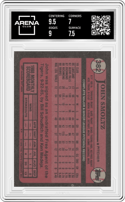 John Smoltz from the 1989 Topps set graded by Arena Club and given an overall grade of 7.5.