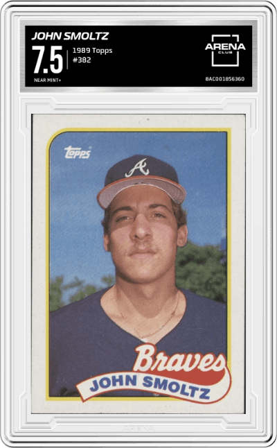 John Smoltz from the 1989 Topps set graded by Arena Club and given an overall grade of 7.5.