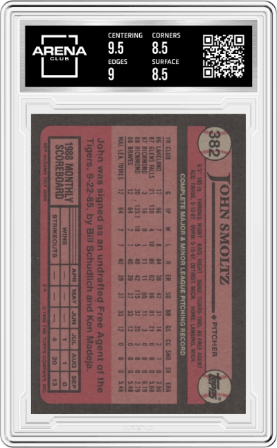 John Smoltz from the 1989 Topps set graded by Arena Club and given an overall grade of 9.