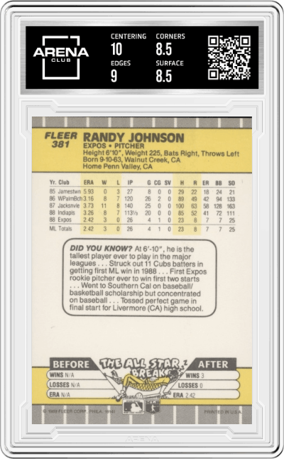Randy Johnson from the 1989 Fleer set graded by Arena Club and given an overall grade of 9.