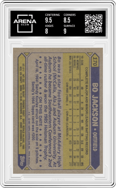 Bo Jackson from the 1987 Topps set graded by Arena Club and given an overall grade of 8.5.