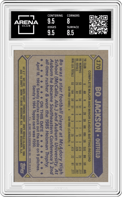 Bo Jackson from the 1987 Topps set graded by Arena Club and given an overall grade of 8.5.
