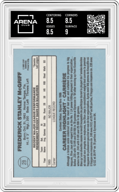 Fred McGriff from the 1986 Leaf set graded by Arena Club and given an overall grade of 8.5.