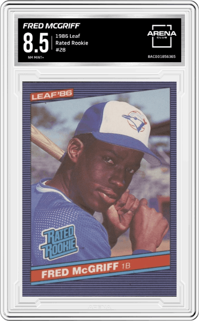 Fred McGriff from the 1986 Leaf set graded by Arena Club and given an overall grade of 8.5.