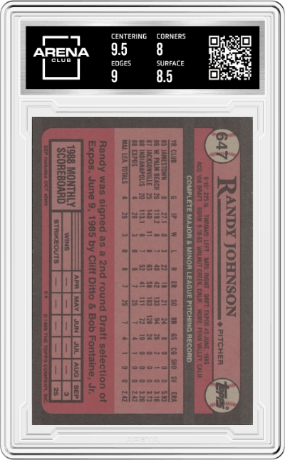 Randy Johnson from the 1989 Topps set graded by Arena Club and given an overall grade of 8.5.