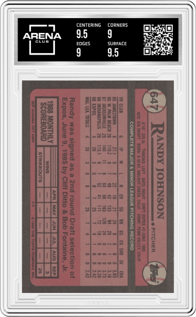 Randy Johnson from the 1989 Topps set graded by Arena Club and given an overall grade of 9.5.