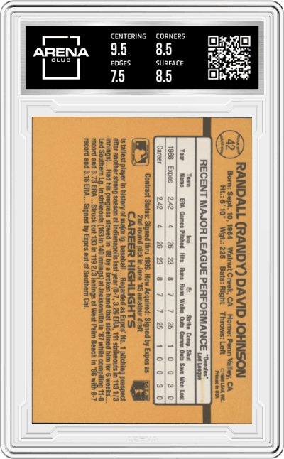 Randy Johnson from the 1989 Donruss set graded by Arena Club and given an overall grade of 8.