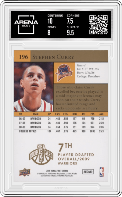 Stephen Curry from the 2009-10 Upper Deck First Edition set graded by Arena Club and given an overall grade of 8.