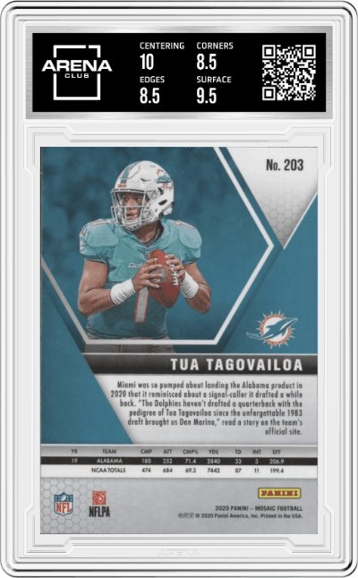 Tua Tagovailoa from the 2020 Panini Mosaic set graded by Arena Club and given an overall grade of 9.
