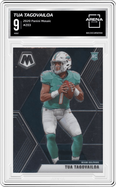 Tua Tagovailoa from the 2020 Panini Mosaic set graded by Arena Club and given an overall grade of 9.