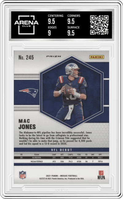 Mac Jones from the 2021 Panini Mosaic set featuring a Reactive Orange parallel graded by Arena Club and given an overall grade of 9.5.