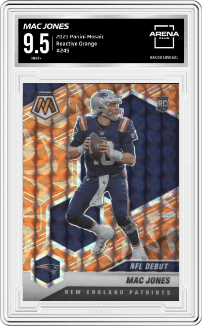 Mac Jones from the 2021 Panini Mosaic set featuring a Reactive Orange parallel graded by Arena Club and given an overall grade of 9.5.
