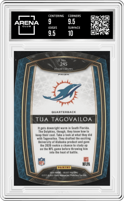 Tua Tagovailoa from the 2020 Panini Select set featuring a Die-Cut Prizm Neon Green parallel graded by Arena Club and given an overall grade of 9.5.