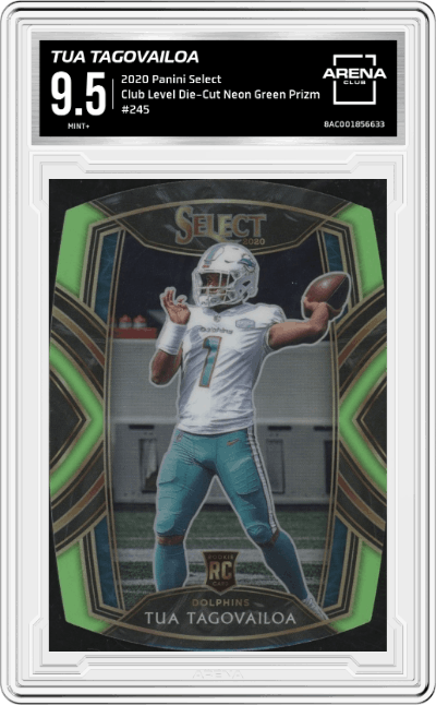 Tua Tagovailoa from the 2020 Panini Select set featuring a Die-Cut Prizm Neon Green parallel graded by Arena Club and given an overall grade of 9.5.