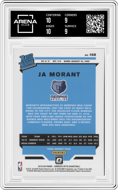Ja Morant from the 2019-20 Panini Donruss Optic set graded by Arena Club and given an overall grade of 9.5.