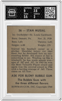 Stan Musial from the 1948 Bowman Baseball set graded by Arena Club and given an overall grade of 3.