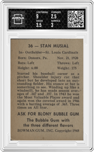 Stan Musial from the 1948 Bowman set graded by Arena Club and given an overall grade of 3.