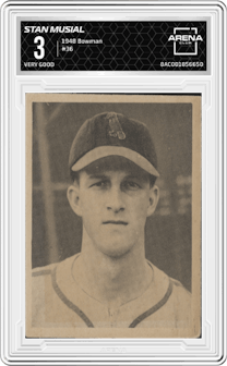 Stan Musial from the 1948 Bowman Baseball set graded by Arena Club and given an overall grade of 3.