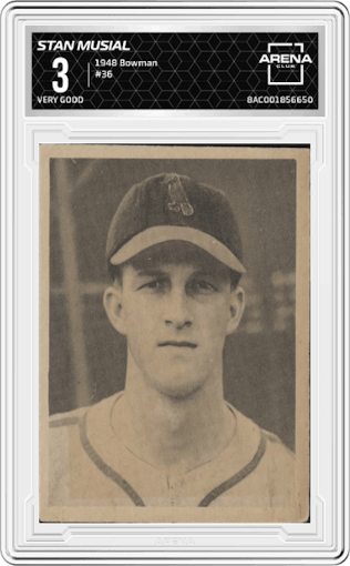 Stan Musial from the 1948 Bowman set graded by Arena Club and given an overall grade of 3.
