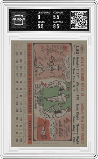 Willie Mays from the 1956 Topps set graded by Arena Club and given an overall grade of 6.