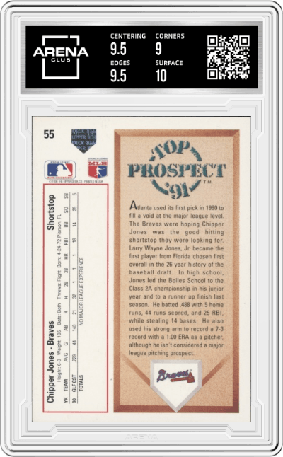 Chipper Jones from the 1991 Upper Deck set graded by Arena Club and given an overall grade of 9.5.