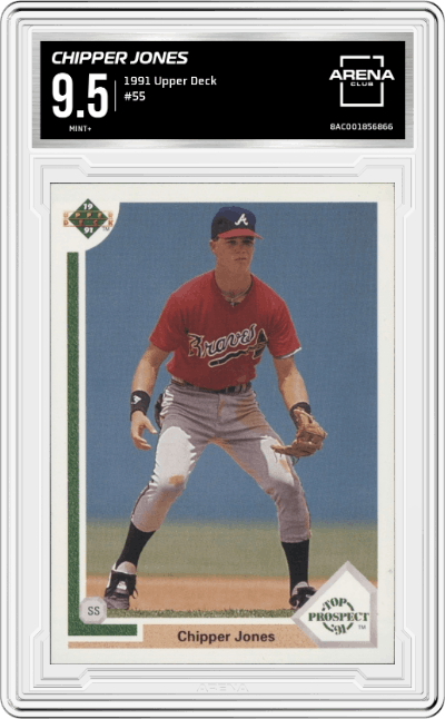 Chipper Jones from the 1991 Upper Deck set graded by Arena Club and given an overall grade of 9.5.