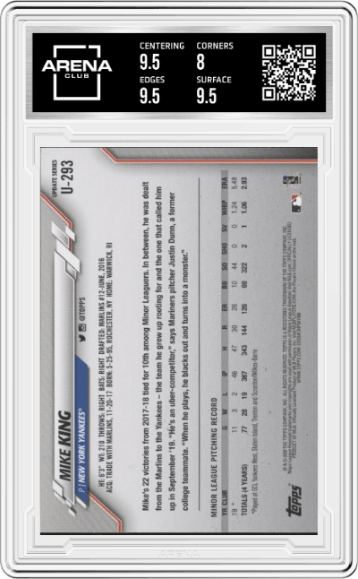 Mike King from the 2020 Topps Update  set graded by Arena Club and given an overall grade of 8.5.