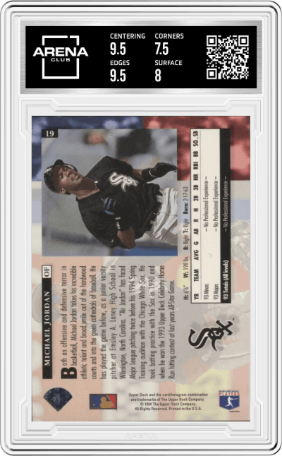 Michael Jordan from the 1994 Upper Deck set graded by Arena Club and given an overall grade of 8.