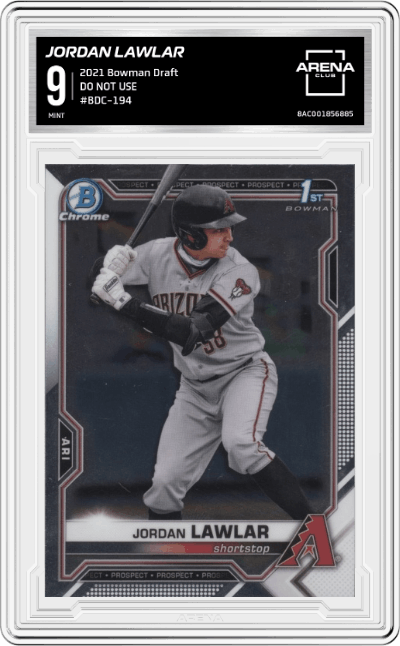 Jordan Lawlar from the 2021 Bowman Draft set graded by Arena Club and given an overall grade of 9.