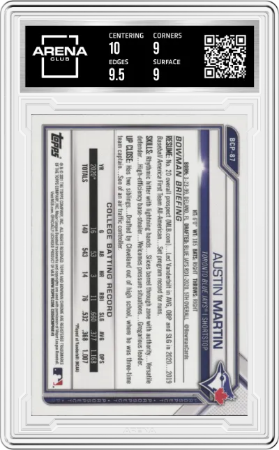 Austin Martin from the 2021 Bowman set graded by Arena Club and given an overall grade of 9.5.