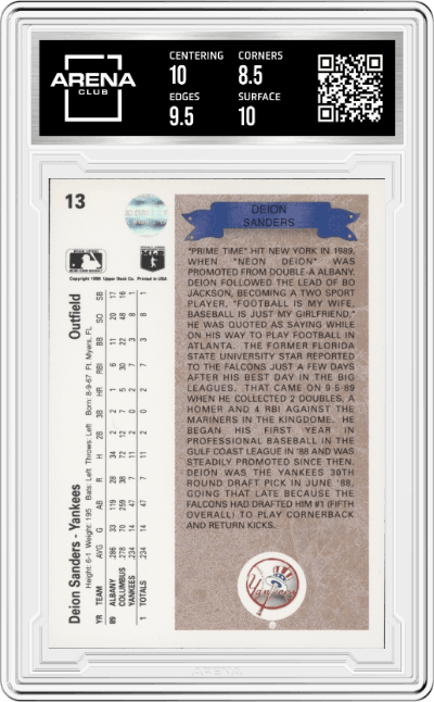 Deion Sanders from the 1990 Upper Deck set graded by Arena Club and given an overall grade of 9.