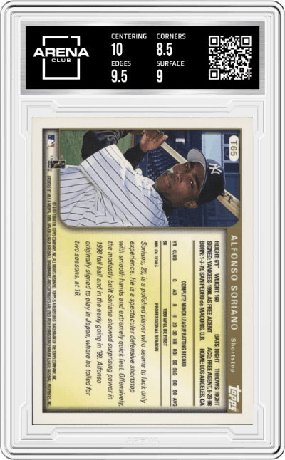 Alfonso Soriano from the 1999 Topps Traded set graded by Arena Club and given an overall grade of 9.