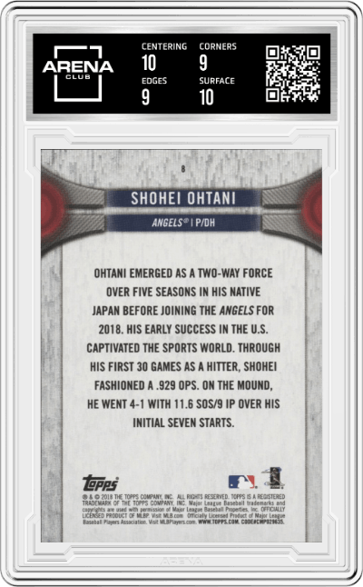 Shohei Ohtani from the 2018 Topps National Baseball Card Day set graded by Arena Club and given an overall grade of 9.5.