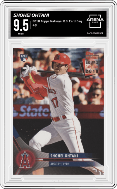 Shohei Ohtani from the 2018 Topps National Baseball Card Day set graded by Arena Club and given an overall grade of 9.5.