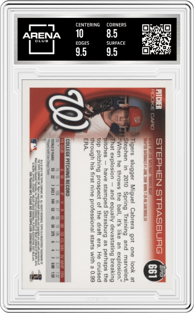 Stephen Strasburg from the 2010 Topps Update set graded by Arena Club and given an overall grade of 9.