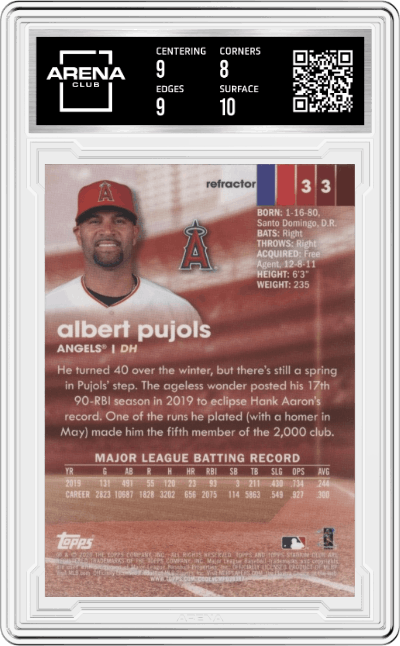 Albert Pujols from the 2020 Topps Stadium Club set featuring a Gold Minted Refractor parallel graded by Arena Club and given an overall grade of 8.5.