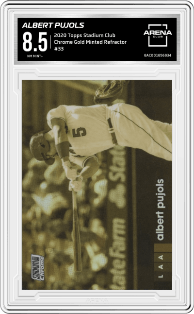 Albert Pujols from the 2020 Topps Stadium Club set featuring a Gold Minted Refractor parallel graded by Arena Club and given an overall grade of 8.5.