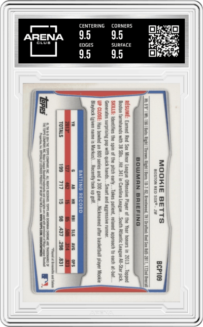 Mookie Betts from the 2014 Bowman set graded by Arena Club and given an overall grade of 9.5.
