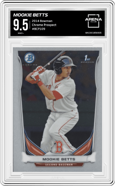 Mookie Betts from the 2014 Bowman set graded by Arena Club and given an overall grade of 9.5.