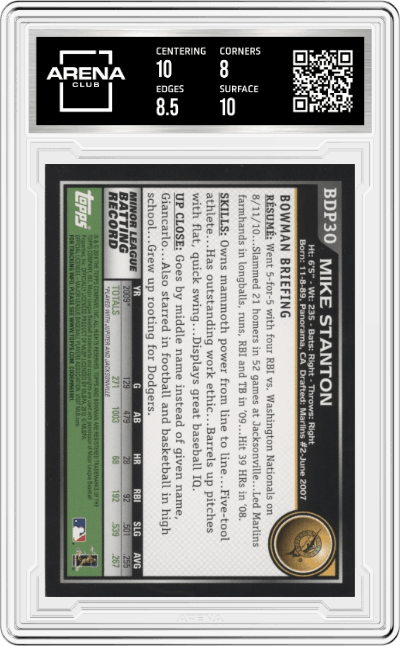 Mike Stanton from the 2010 Bowman Draft Picks set graded by Arena Club and given an overall grade of 8.5.