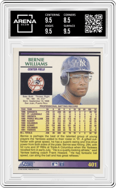 Bernie Williams from the 1992 Score set graded by Arena Club and given an overall grade of 9.