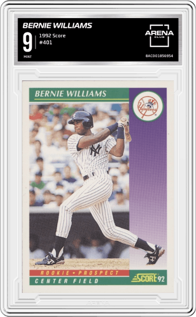 Bernie Williams from the 1992 Score set graded by Arena Club and given an overall grade of 9.