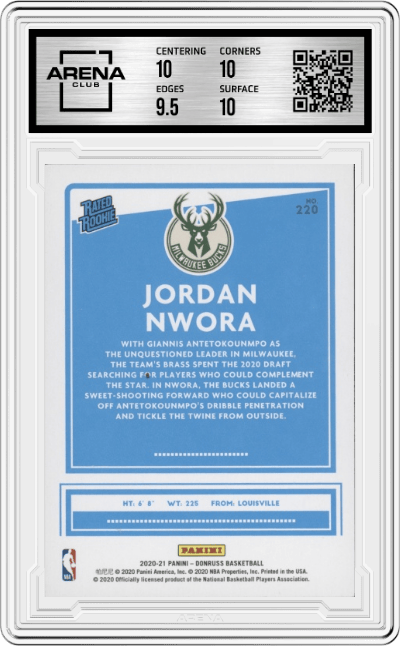 Jordan Nwora from the 2020-21 Panini Donruss set graded by Arena Club and given an overall grade of 10.