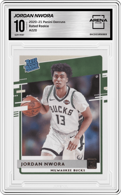 Jordan Nwora from the 2020-21 Panini Donruss set graded by Arena Club and given an overall grade of 10.