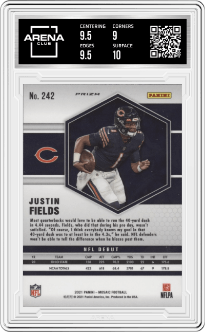 Justin Fields from the 2021 Panini Mosaic set featuring a Reactive Orange parallel graded by Arena Club and given an overall grade of 9.5.