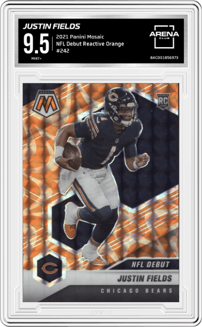 Justin Fields from the 2021 Panini Mosaic set featuring a Reactive Orange parallel graded by Arena Club and given an overall grade of 9.5.