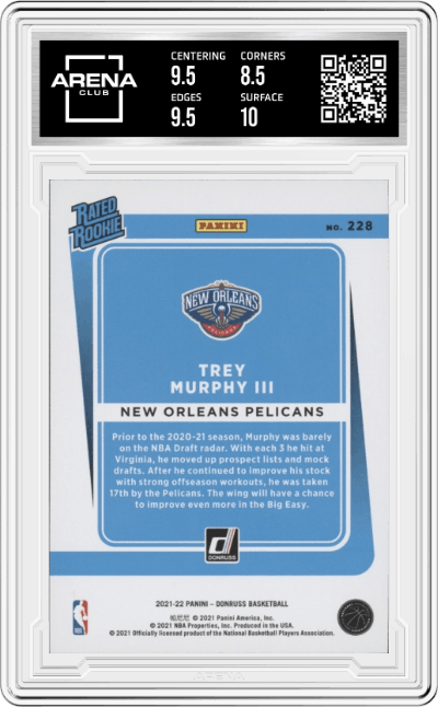 Trey Murphy III from the 2021-22 Panini Donruss set featuring a Orange Holo Laser parallel graded by Arena Club and given an overall grade of 9.