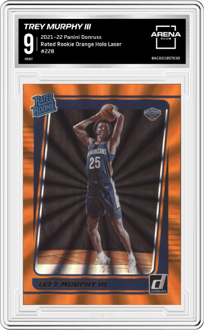 Trey Murphy III from the 2021-22 Panini Donruss set featuring a Orange Holo Laser parallel graded by Arena Club and given an overall grade of 9.