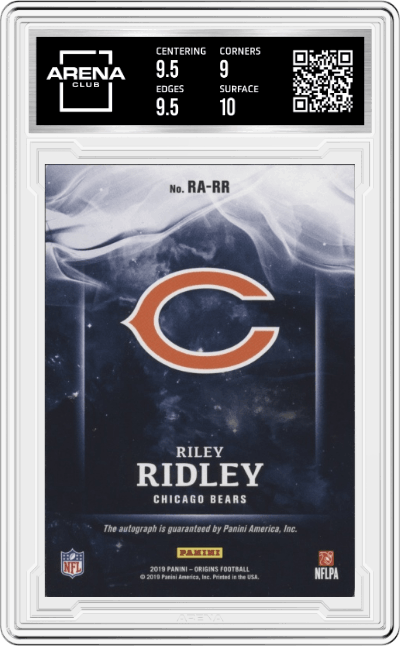 Riley Ridley from the 2019 Panini Origins Football set graded by Arena Club and given an overall grade of 9.5.